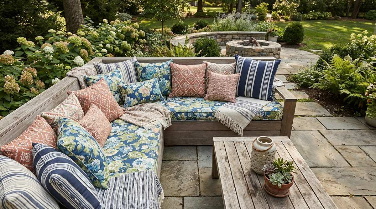 A collection of mixed pattern cushions in floral, geometric, and stripe designs, arranged in varying sizes to create a layered, eclectic bohemian look for garden seating.