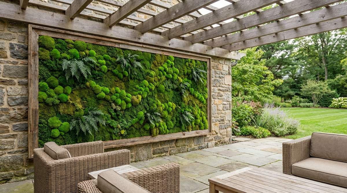 A preserved moss art panel mounted on a wooden frame, showcasing various moss varieties and preserved ferns arranged to create a textural landscape. This low-maintenance outdoor decor option brings natural greenery to covered outdoor areas without requiring water or direct sunlight.