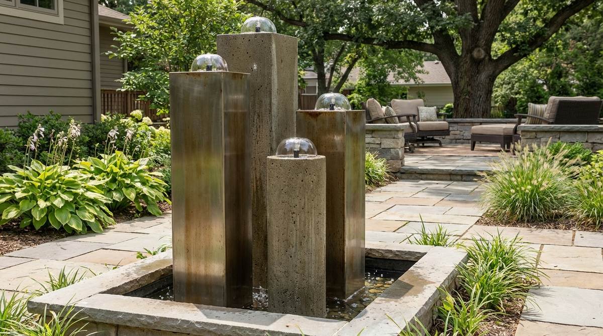 A modern garden fountain featuring several narrow columns of varying heights rising from a shared basin, each topped with a bubbler nozzle creating gentle domes of water. The stainless steel or concrete columns create a varied skyline profile with layered sound from different pressure levels.