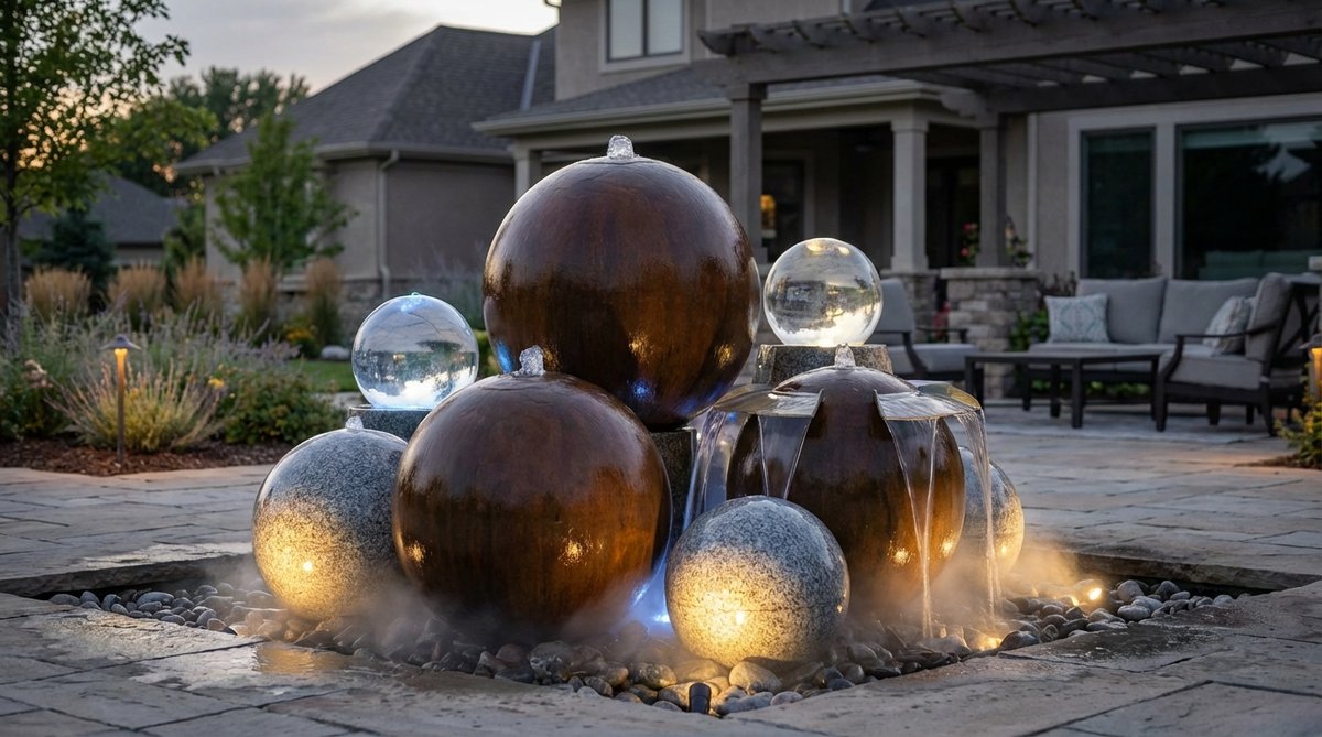 A contemporary garden fountain featuring multiple graduated spheres arranged in a sculptural cluster, with varied water flow patterns creating complex visual interest. The installation includes steel, stone, and acrylic spheres at different heights, with LED lighting illuminating individual spheres for dramatic evening displays.