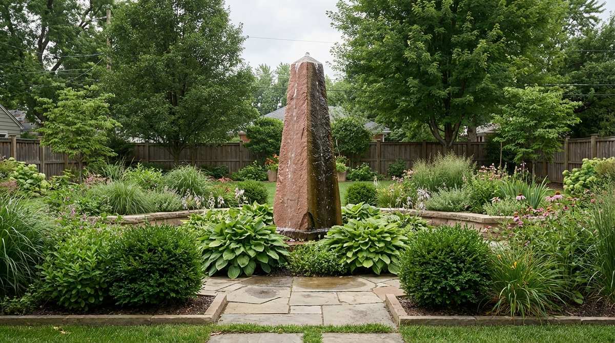 A tall, tapered natural stone obelisk fountain made of sandstone or granite, featuring water sheeting down its smooth faces or dripping from carved channels. This vertical element, ranging from 36 to 72 inches in height, creates a formal contrast with organic plantings, suitable for both formal and contemporary garden designs. The pink sandstone variety is highlighted, showing vibrant colors when wet from the flowing water.