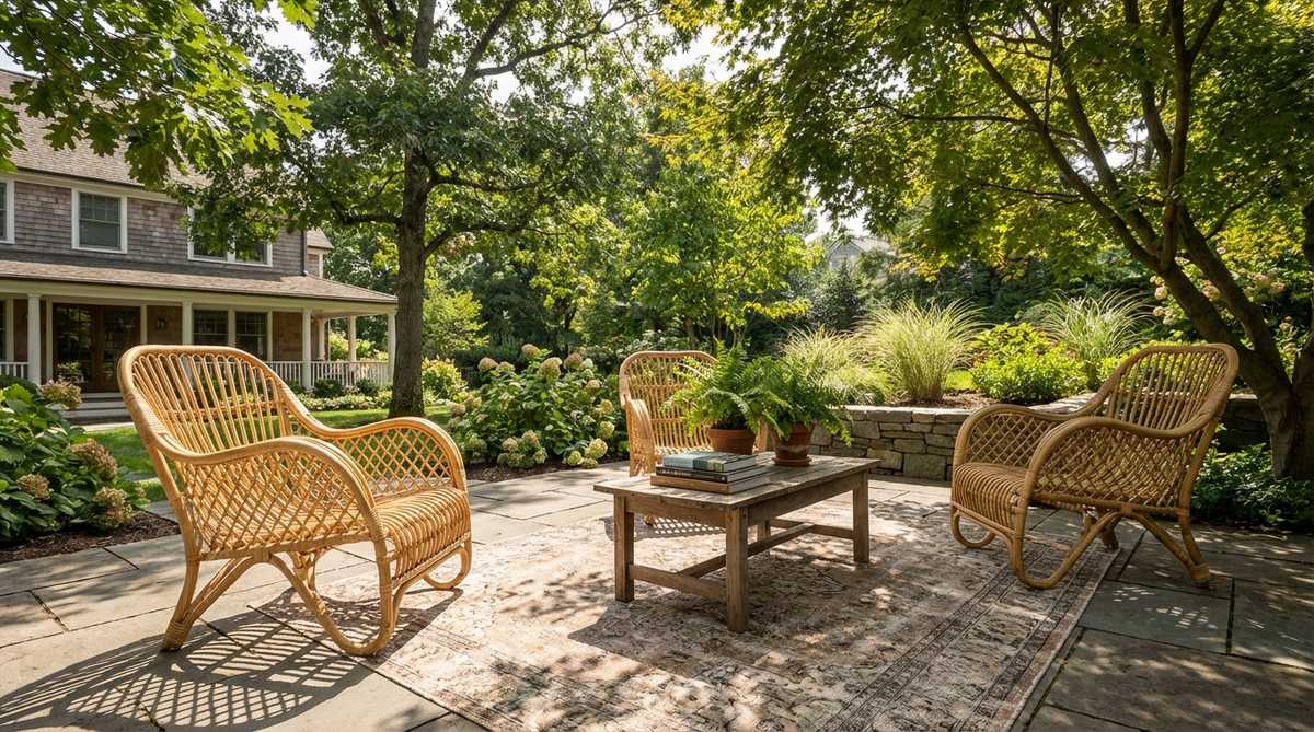 Loosely woven rattan armchairs with visible gaps creating beautiful shadow patterns, perfect for boho garden furniture in warm climates. These open-weave chairs promote airflow and work best in partially shaded areas with dappled light.