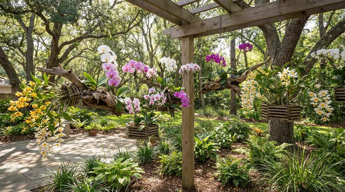 A hanging orchid display system featuring moth orchids and dendrobiums mounted on driftwood or in slat baskets, suspended in a garden setting with filtered light and air circulation for optimal growth.