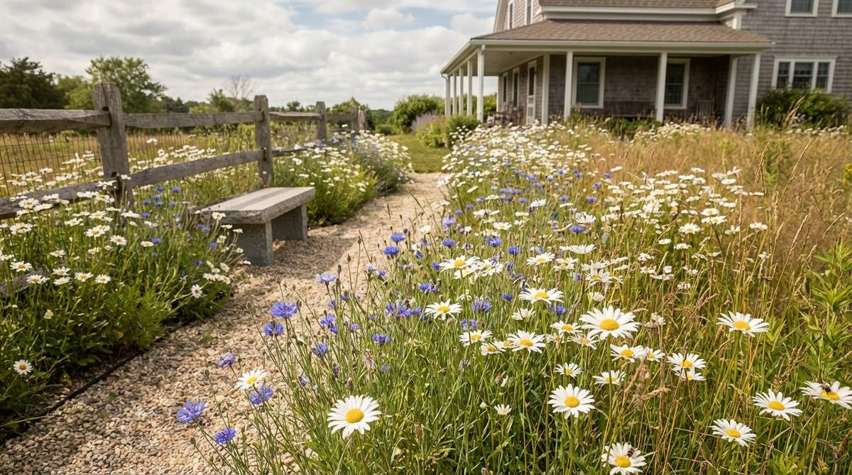 A traditional English cottage garden meadow featuring white oxeye daisies and blue cornflowers growing together in a naturalized planting. These classic wildflowers create a casual meadow aesthetic that attracts beneficial insects and provides cutting flowers for arrangements. Both species thrive in lean soils without requiring supplemental fertilization.