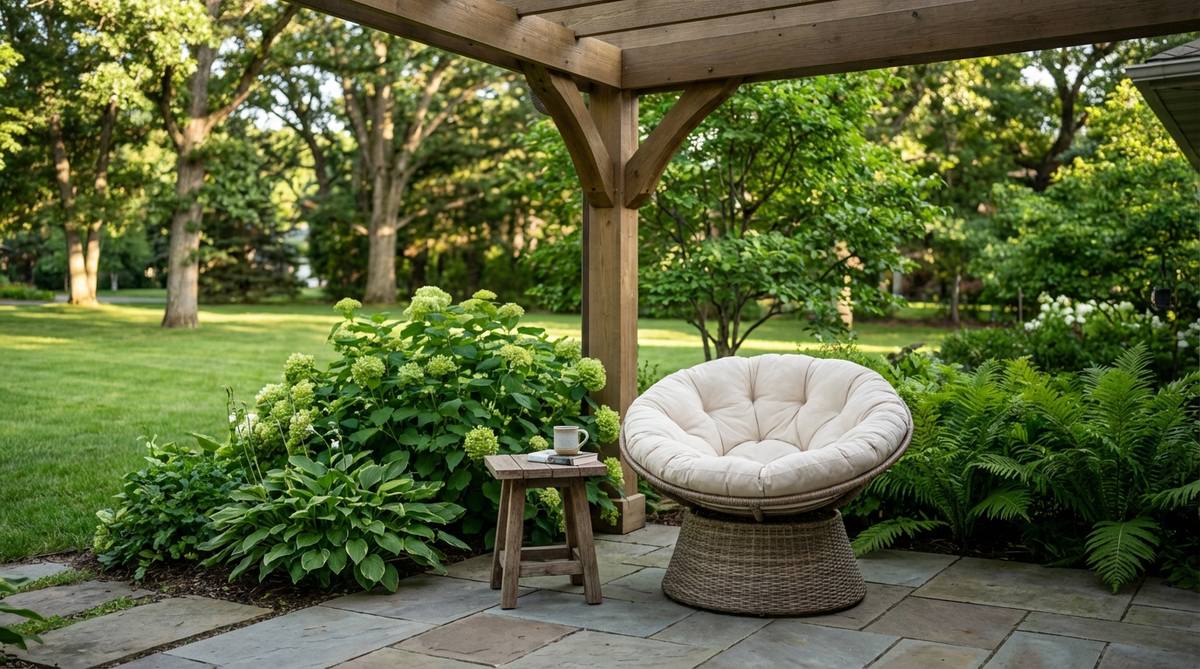 A weather-resistant papasan chair with a circular cushion positioned at a 45-degree angle in a covered garden corner, accompanied by a small side table within arm's reach for comfortable outdoor lounging.