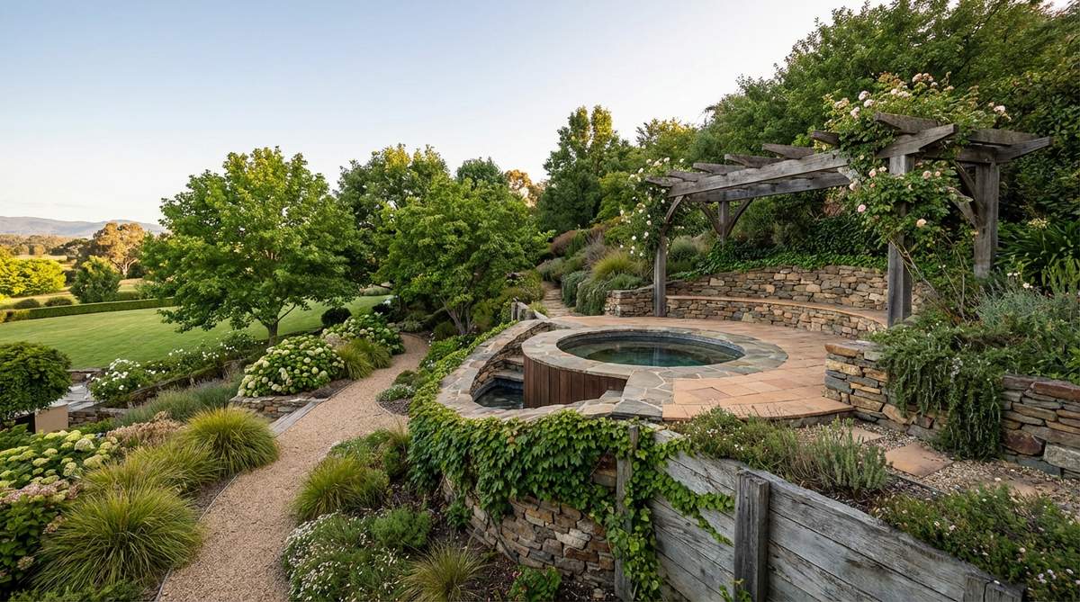 An image showing a partially recessed hillside spa integrated into a sloped garden terrain, with natural stone or timber retaining walls blending it into the landscape, reducing visual mass and providing privacy with views across the garden below.
