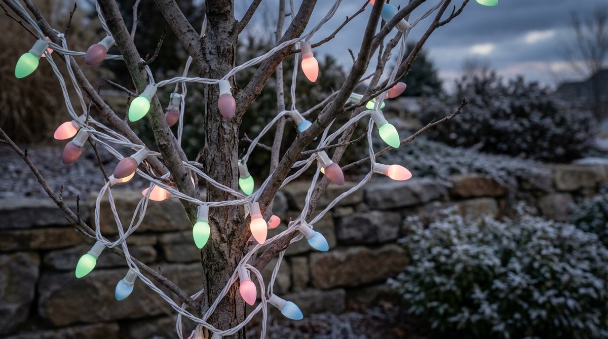A close-up image of pastel cable-matched lights wrapped around an outdoor decor tree. The soft mint green, mauve, pink, and powder blue LED bulbs create a calming visual effect against the winter branches. White cables blend seamlessly with the tree, allowing the gentle pastel colors to dominate. Perfect for cottage garden settings and spring seasonal displays, these energy-efficient lights provide evening ambiance without harsh brightness.
