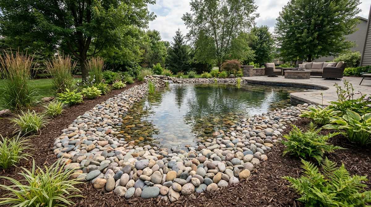 A natural arrangement of smooth pebbles lining a pond, creating an organic transition between water and landscape to prevent soil erosion and add textural contrast.