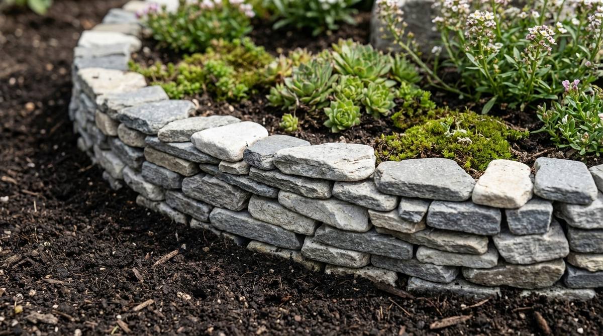 A close-up image showing small flat stones, 5-10mm in size, stacked to create a low wall as a boundary in a mini garden or terrarium. The stones are arranged in irregular patterns with one flat side visible, using dry-stack construction without adhesive, allowing for easy rearrangement. Gray or white stones contrast against dark soil, providing clear definition and visual weight while remaining low enough to view plantings behind.