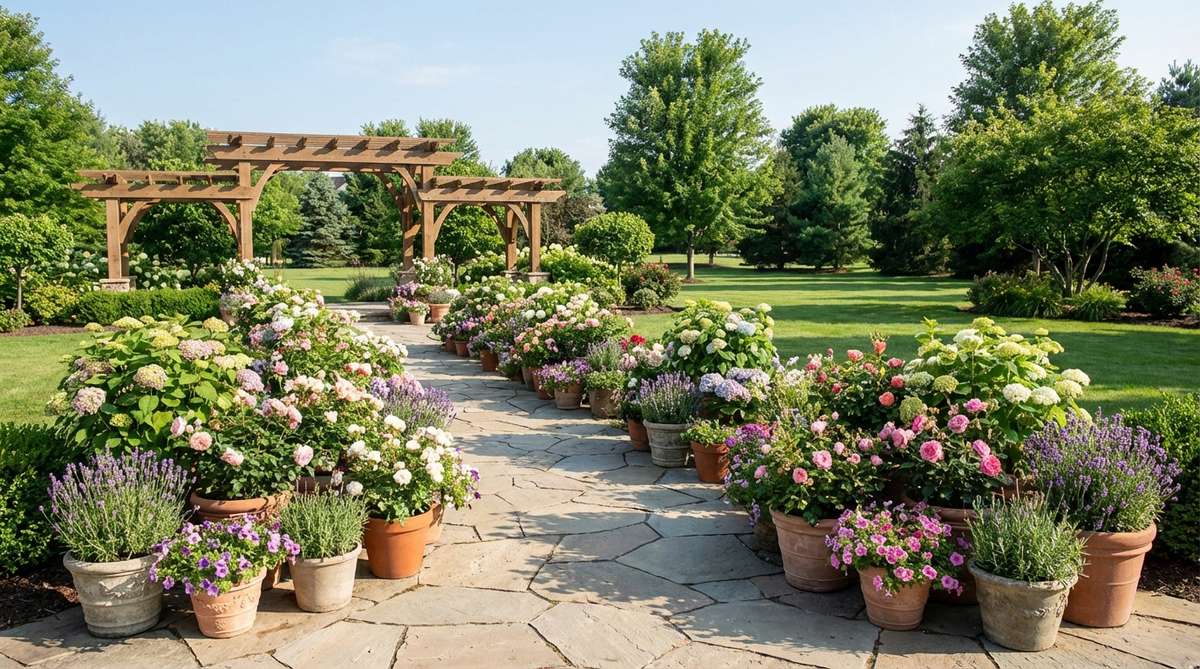 A beautiful wedding aisle decorated with potted flowering plants arranged in organic clusters, creating the impression of a purpose-planted garden path. The living installations feature plants in peak bloom with varying heights and densities, matching the garden's existing palette. This garden-within-a-garden effect provides an intentional and established look for wedding decor, with plants that can be gifted or transplanted after the event.