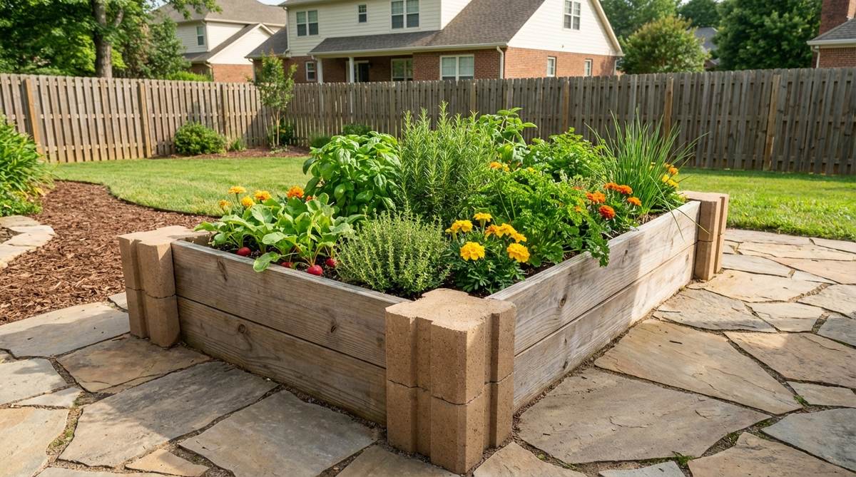 A small raised garden bed made with planter wall blocks at the corners, holding wooden boards to form a neat rectangle filled with herbs, radishes, and marigolds, ideal for beginners and DIY projects.