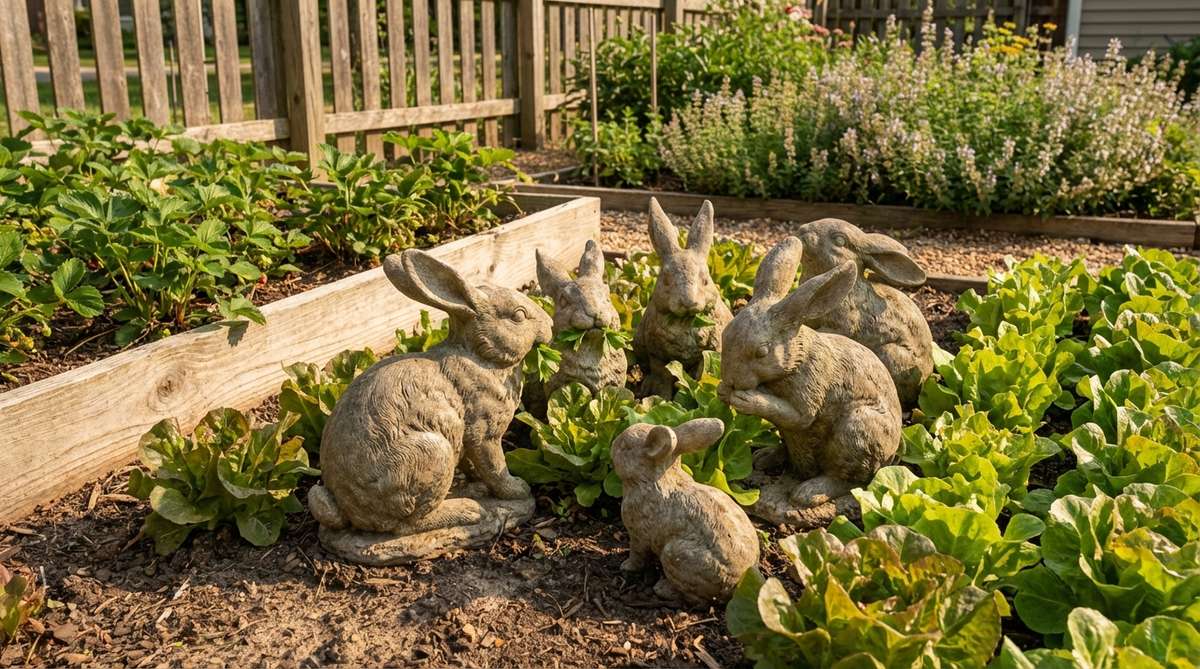 A charming cluster of stone rabbit statues in playful feeding or grooming poses, perfect for animating vegetable gardens and informal borders. These small-scale statues can be grouped without overwhelming planting beds, ideal for placement among lettuce rows or near berry patches to enhance thematic garden design with family-friendly appeal.