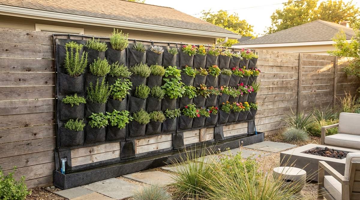A contemporary garden fence featuring fabric or rigid pockets arranged in a grid, mounted directly on the fence surface. The pockets contain herbs, succulents, or annual flowers, with a built-in irrigation felt system that wicks water from a reservoir at the base to reduce watering frequency. Ideal for seasonal plant rotations and drought-tolerant species on west-facing exposures.