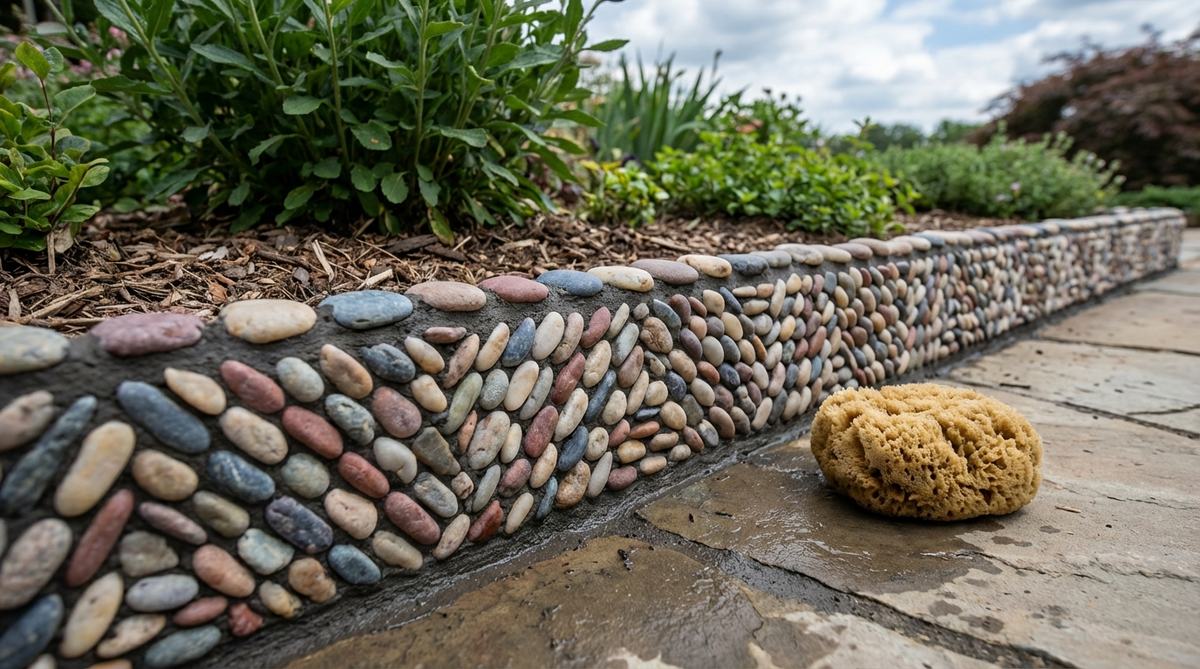 A close-up view of a polished pebble mosaic border used as stone garden edging. Small, smooth pebbles (0.5-1 inch in size) are artfully arranged in mortar to create colorful patterns, including stripes, gradients, and geometric designs. The image showcases the meticulous placement of pebbles in a 2-foot section, with a grout sponge nearby for cleaning excess mortar, highlighting the craftsmanship and artistic potential of this garden edging technique.