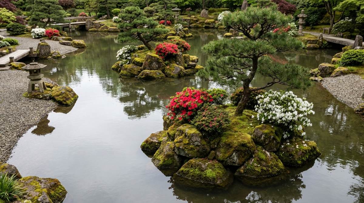 A serene Japanese garden pond with one or more islands rising from the water surface, representing the mythical Isles of the Immortals. The composition shows islands constructed with submerged rock piles topped with soil, planted with pines or azaleas, creating visual zones and maintaining balance with proper proportions.