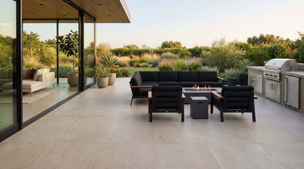 A modern garden terrace featuring large-format porcelain pavers in neutral tones, creating a seamless indoor-outdoor transition with minimal grout lines. The sleek surface requires no sealing and resists staining, complemented by low-profile furniture in matte black and warm wood tones.