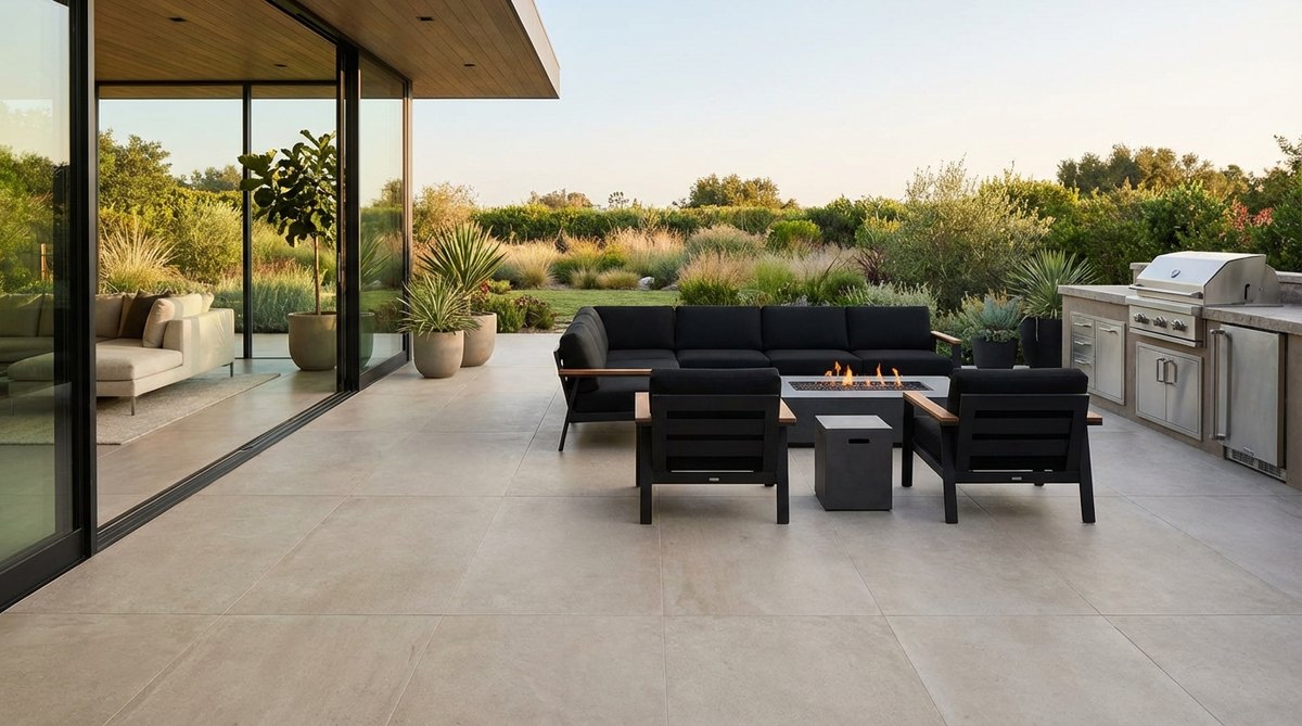 A modern garden terrace featuring large-format porcelain pavers in neutral tones, creating a seamless indoor-outdoor transition with minimal grout lines. The sleek surface requires no sealing and resists staining, complemented by low-profile furniture in matte black and warm wood tones.