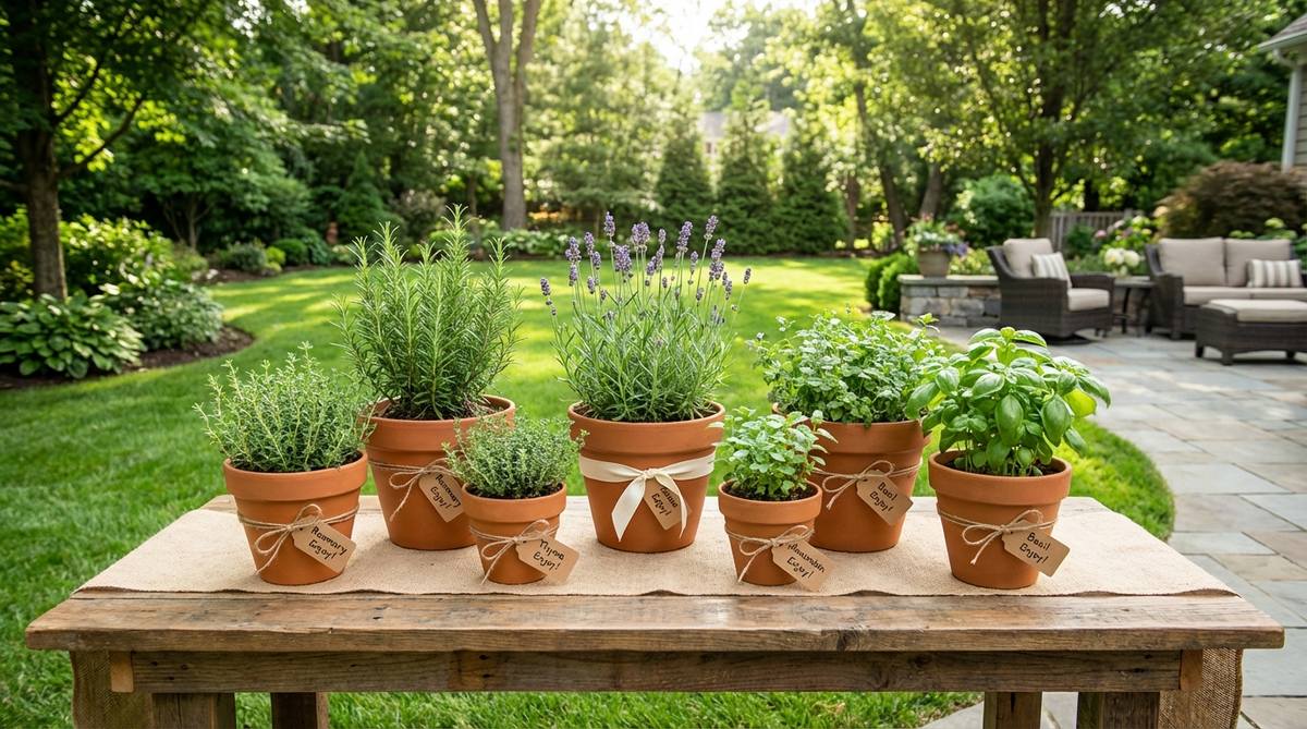A boho decor birthday setup featuring a group of terracotta pots with rosemary, lavender, thyme, and basil herbs. The pots are tied with twine or ribbon and have small identification tags, serving as both functional decor and party favors.