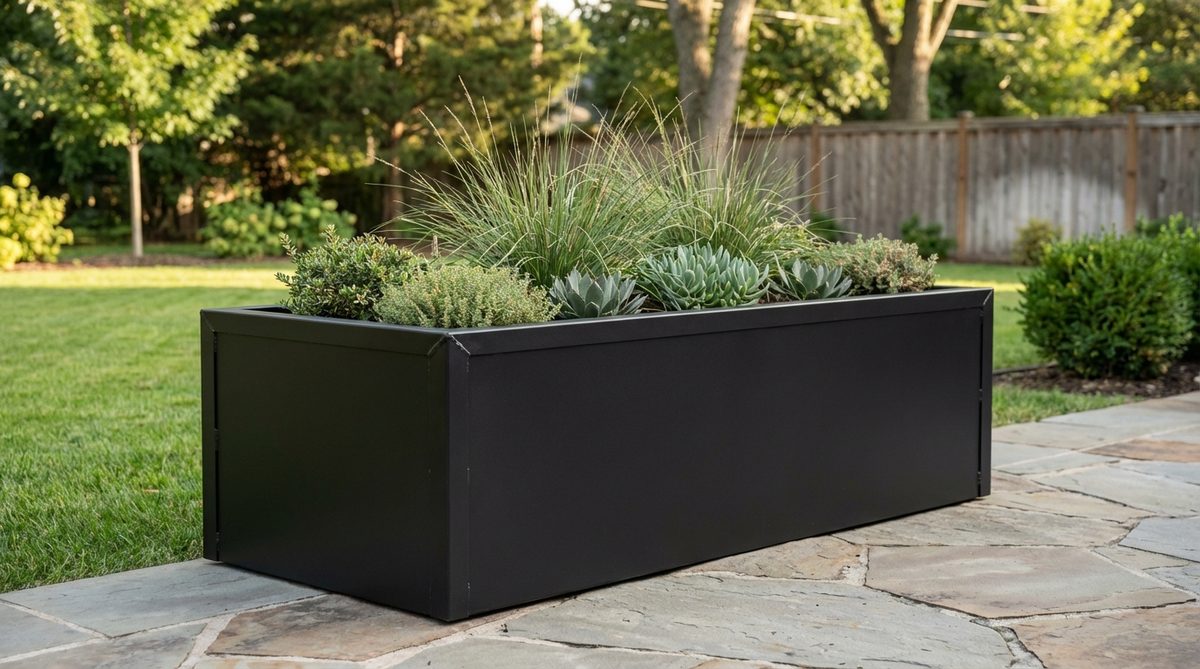 A modern steel planter with powder-coated finish in matte black, featuring welded corner construction for durability in outdoor commercial spaces. The industrial aesthetic provides structural integrity for large-scale installations with interior liners to prevent rust.