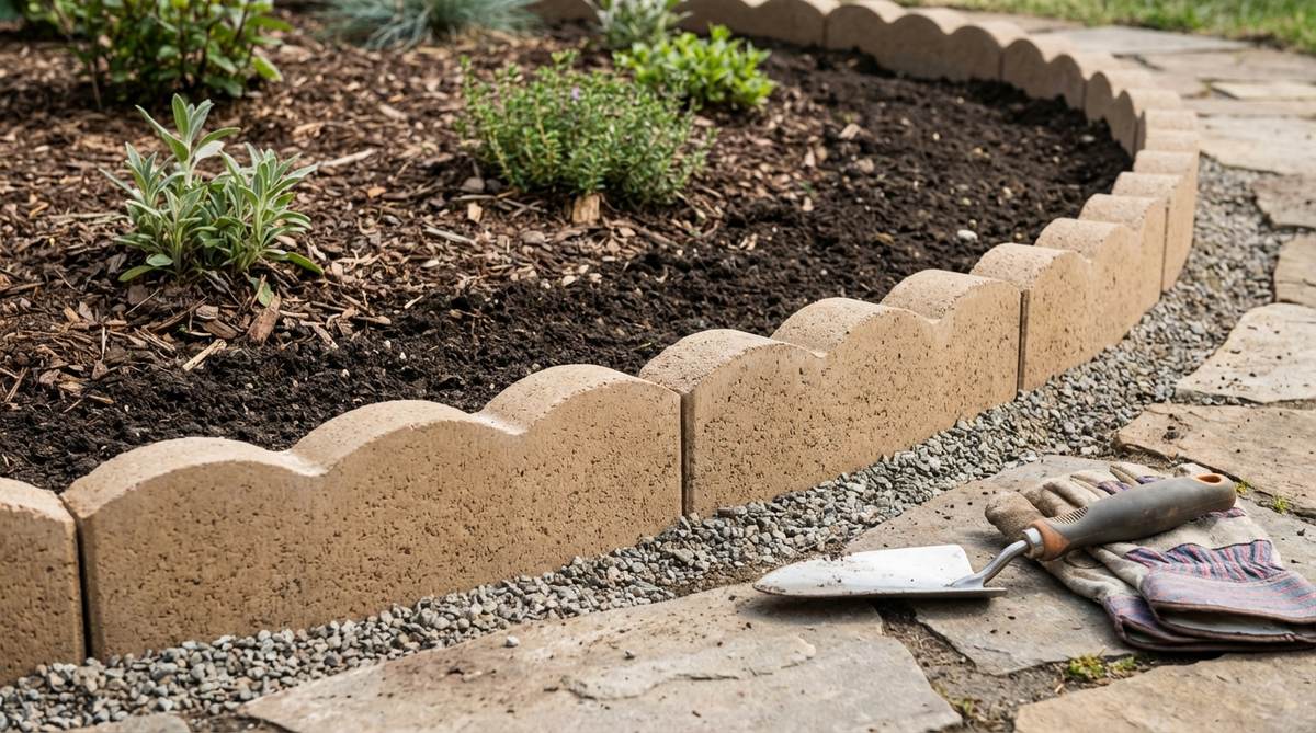 A close-up photo showing precast concrete curb sections installed as garden edging, featuring consistent dimensions and decorative rope or scalloped designs in gray, tan, or charcoal colors, with compacted gravel base and backfilled soil for stability, ideal for DIY projects.