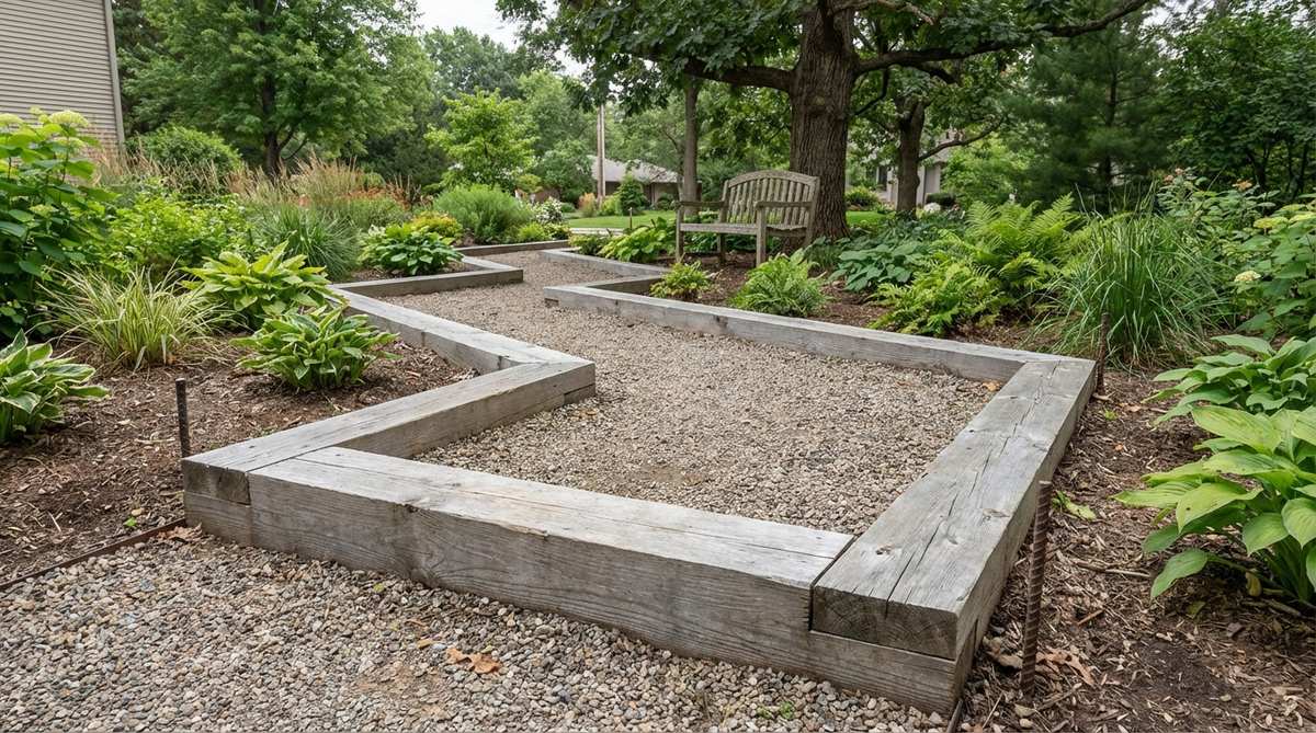 A sturdy pressure-treated timber frame made from cedar or ground-contact-rated lumber, used to border a gravel garden path. The frame is constructed with 4x4 or 4x6 timbers for main paths and 2x6 boards for garden spurs, anchored at corners with rebar or landscape spikes. It features butt joints for straight sections and mitered 45-degree joints for 90-degree turns, designed to last 10 to 15 years and can be stained or left to weather naturally to a silver-gray finish.