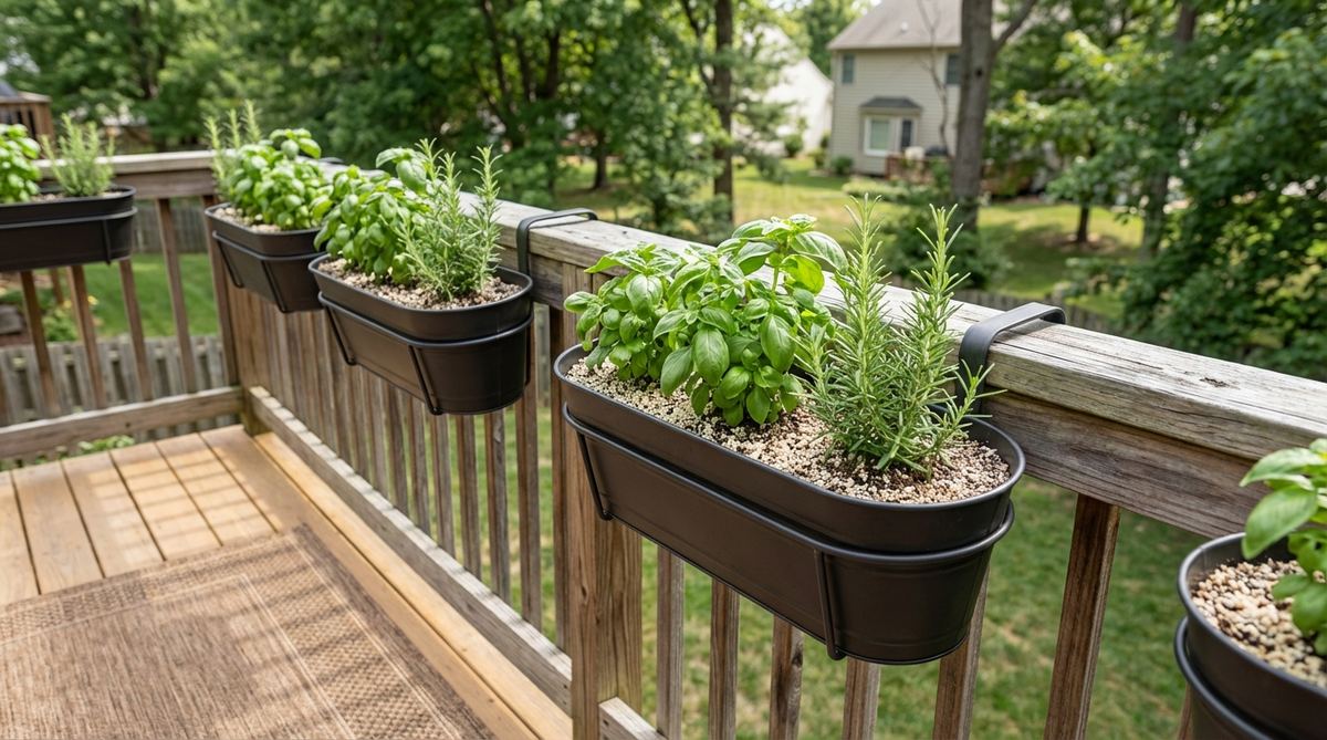 A photo showing railing clamp-on herb planters attached to a balcony railing, filled with herbs like basil and rosemary in a light container mix, illustrating a space-saving design for mini herb gardens that keeps foliage elevated and floor space free.