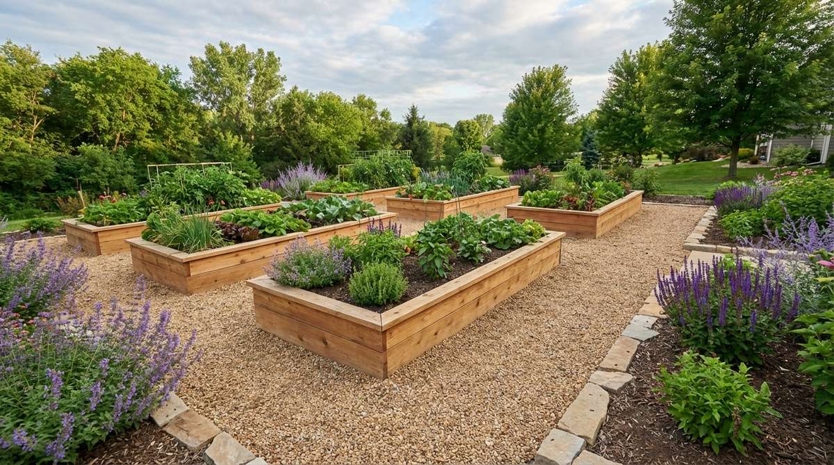 An elevated garden design showing raised planting beds surrounded by pea gravel pathways. The illustration demonstrates how gravel provides clean, accessible walkways between beds while improving drainage and reducing soil splash on plants.