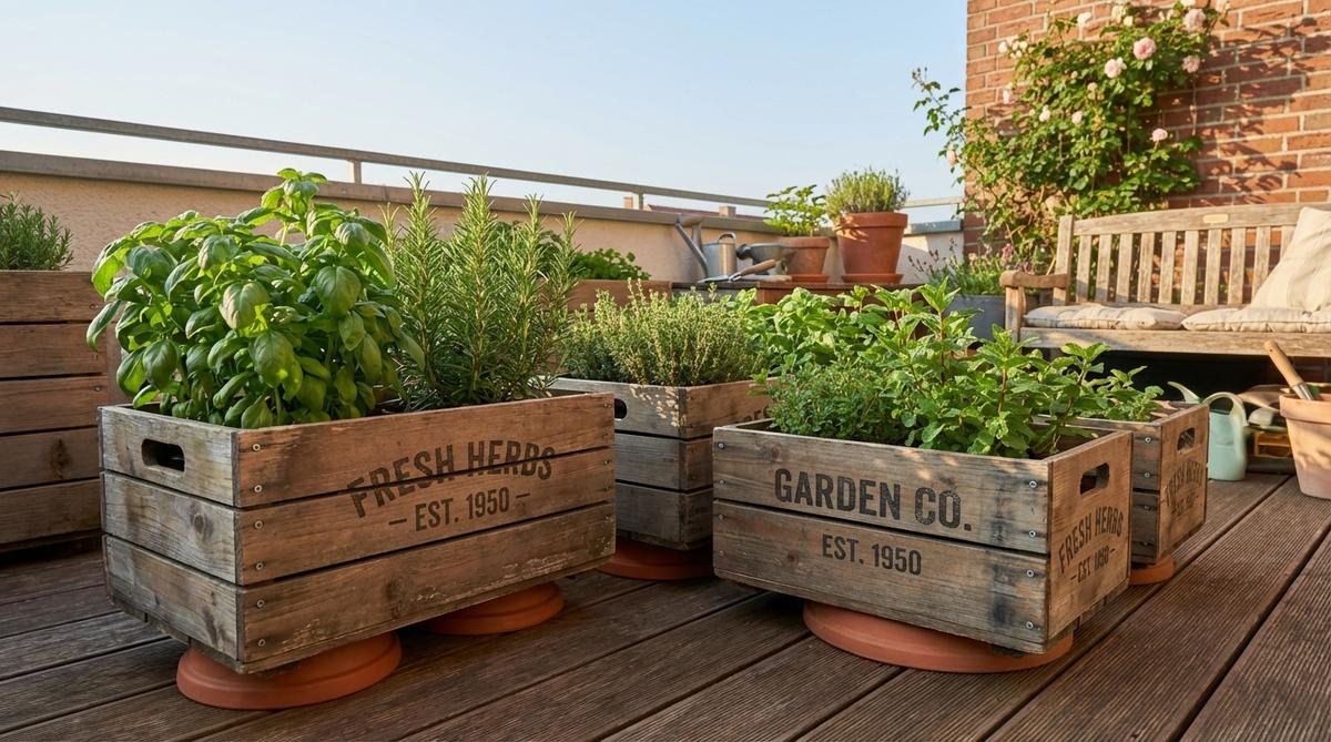 Vintage wooden crates repurposed as herb planters with stamped lettering and worn corners, perfect for rustic garden decor on balconies and small patios. Shows proper reinforcement with exterior screws and elevation on pot feet to prevent decay.