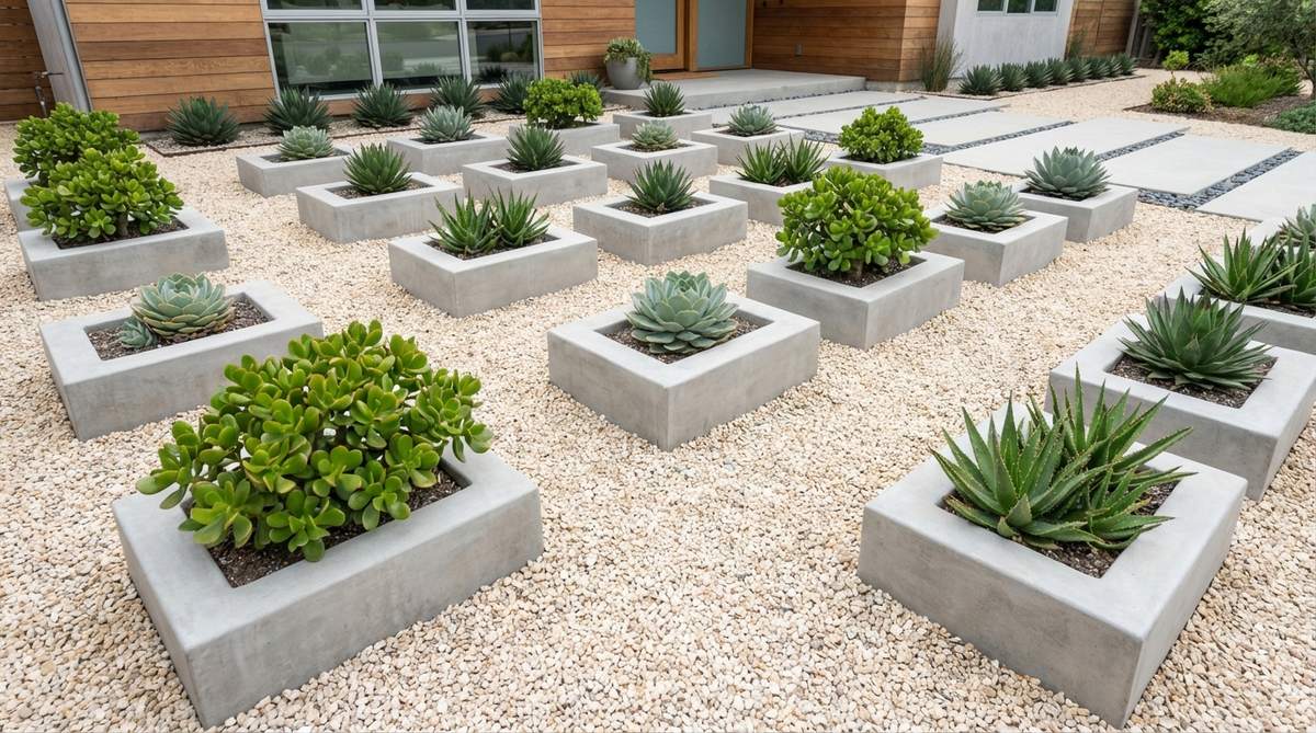 A modern front yard garden featuring concrete block planters arranged in a precise grid pattern over pale gravel. Each rectangular planter contains a single succulent species such as jade, echeveria, or aloe, creating structured planting pockets that emphasize form over variety. The uniform spacing and repetition generate visual rhythm, with negative space between planters being as important as the planted zones. This modular layout is ideal for narrow side yards or entry courtyards where space efficiency and organization are key.