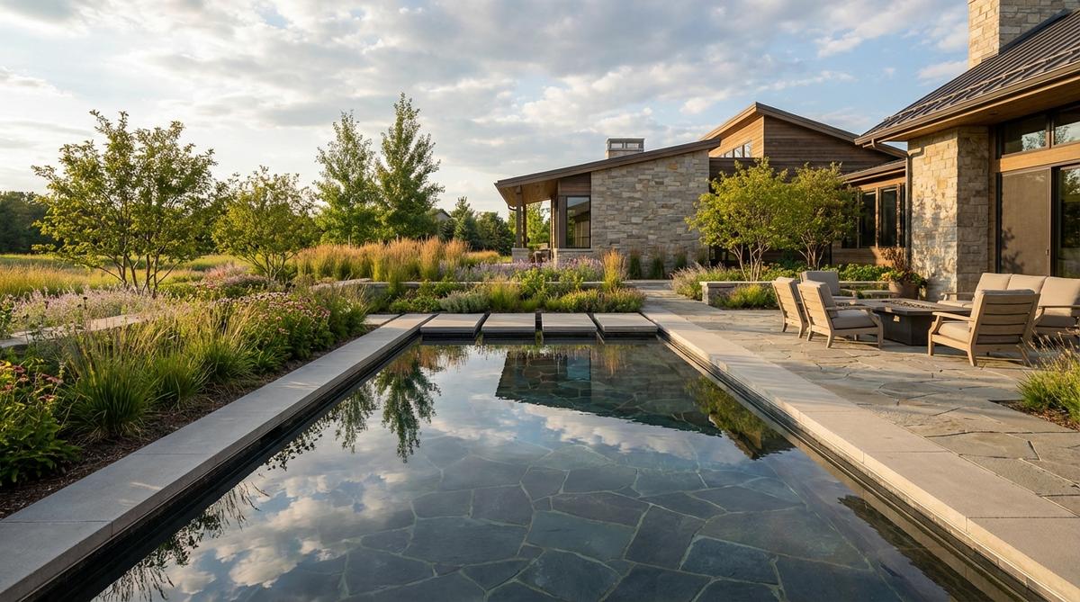A modern rectangular reflecting pool with a dark interior creating a mirror-like surface, reflecting sky and surrounding architecture in a garden setting, featuring minimal water depth and clean geometric lines for enhanced visual impact.