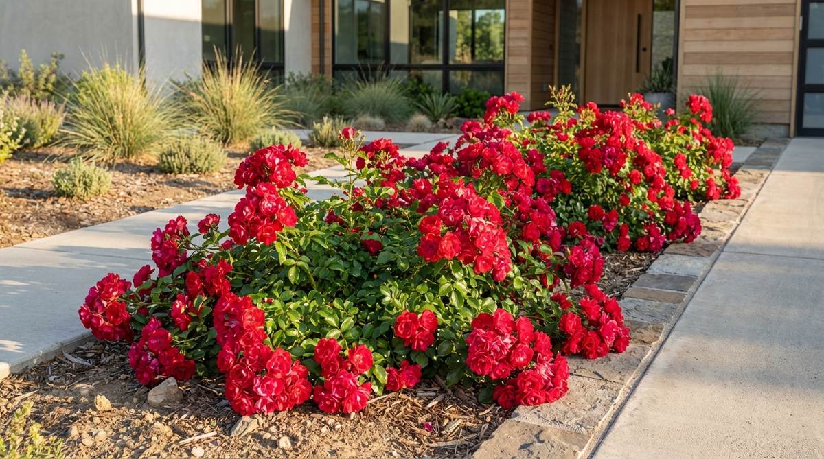 A modern garden rose with abundant clusters of cherry-red blooms creating vivid color impact. The spreading 2-foot habit hugs the ground while providing substantial floral presence, ideal for contemporary walkways, driveways, property boundaries, and modernist planting schemes. Features disease resistance, tolerance to poor soils and compacted ground, and minimal maintenance requirements.