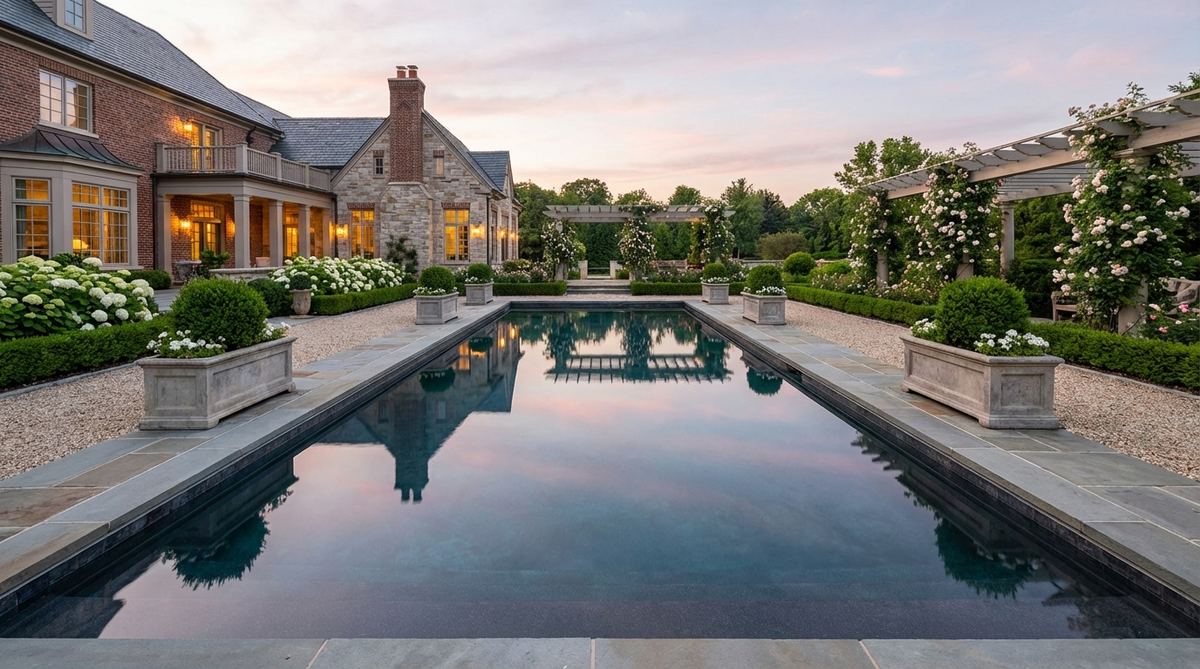A shallow reflecting pool with dark interior finish mirroring the sky and surrounding architecture in a formal garden setting. The still water creates a contemplative atmosphere with optimal 6-12 inch depth for clear reflections. The black or charcoal finish enhances reflective qualities while minimizing algae visibility.