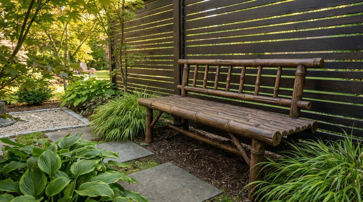 A Japanese garden bench made from reinforced ASA resin molded to replicate aged bamboo, featuring hand-painted details to match specific bamboo varieties. The bench shows realistic three-dimensional surface textures including nodes, splits, and weathering patterns, designed to withstand temperature extremes while requiring minimal maintenance. Ideal for installation along fence lines or privacy screens with concealed mounting systems.