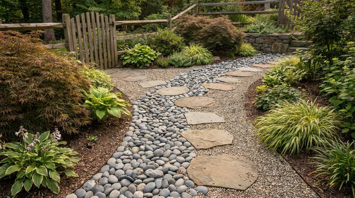A traditional Zen garden path created with smooth river stones embedded in gravel, featuring naturally flat stones 12-18 inches in diameter arranged in gentle curves to encourage mindful walking meditation.