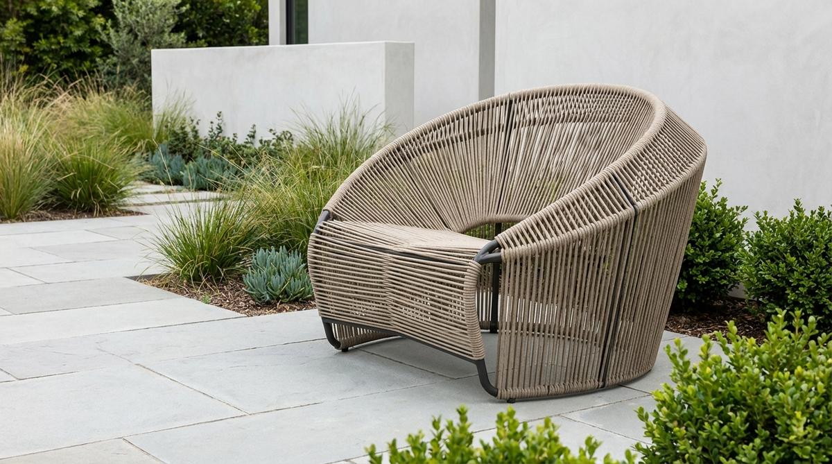 A contemporary rope-wrapped lounge chair with intricate weaving patterns on a metal framework, shown in a minimalist garden setting. The chair features UV-resistant synthetic ropes in neutral tones like grey or sand, providing cocoon-like comfort without cushions. Positioned near plantings to soften transitions between hardscape and garden beds, this piece exemplifies the trend toward tactile materials within clean geometric forms for 2026 minimalist garden furniture.