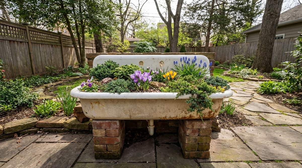 An old butler sink or ceramic basin repurposed as a rockery container, featuring a mix of evergreen alpines and spring bulbs such as species crocus and muscari, positioned on decorative feet or bricks for proper drainage in a small garden setting.