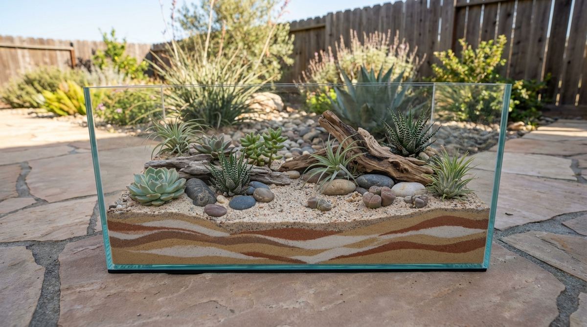 A miniature desert oasis terrarium featuring layered sand patterns in tan, white, and rust colors with small succulents, air plants, river rocks, and driftwood arranged in an organic design.
