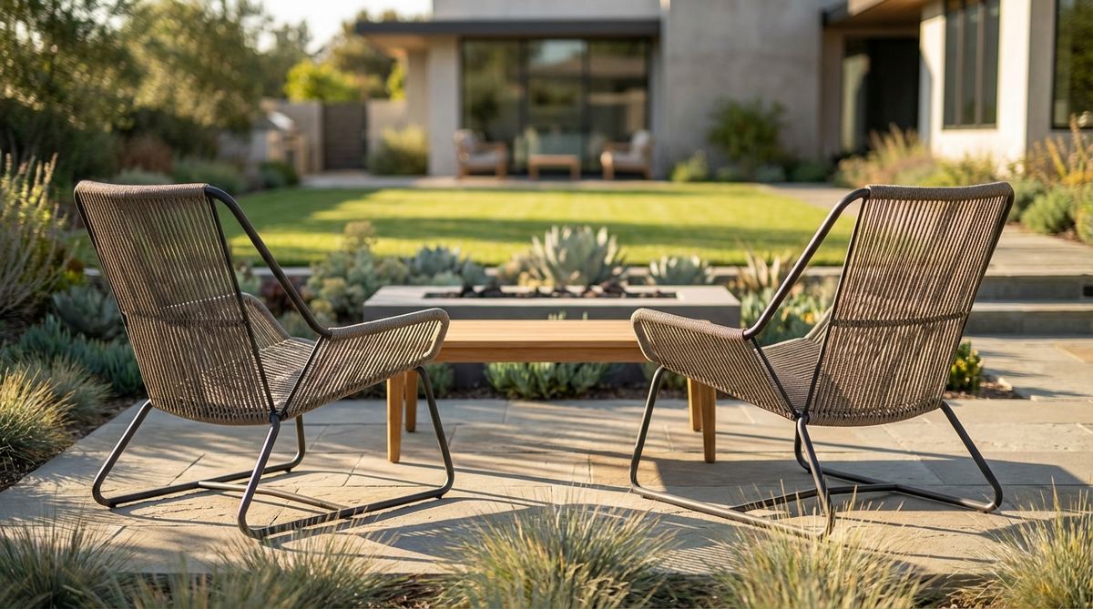 A contemporary garden setting featuring sculptural rope-back chairs with marine-grade rope or strap detailing, paired with a slim metal or teak table. The woven texture softens straight lines, casting dramatic shadows and adding depth, ideal for creating a high-end resort atmosphere on patios while maintaining clear sightlines.