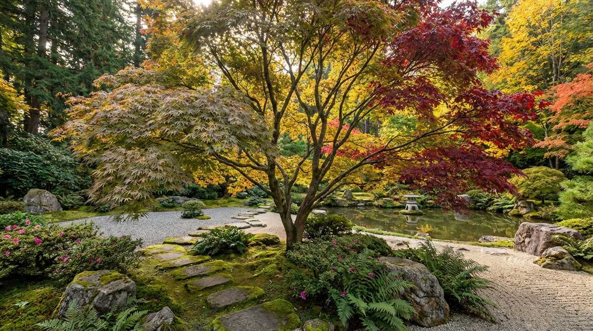 A mature Seiryu Maple tree in a Japanese garden setting, showcasing its unique upright dissectum form with finely cut green leaves and vertical branching structure. The image captures the tree's elegant silhouette and filtered shade, with fall foliage transitioning from yellow to crimson-red.
