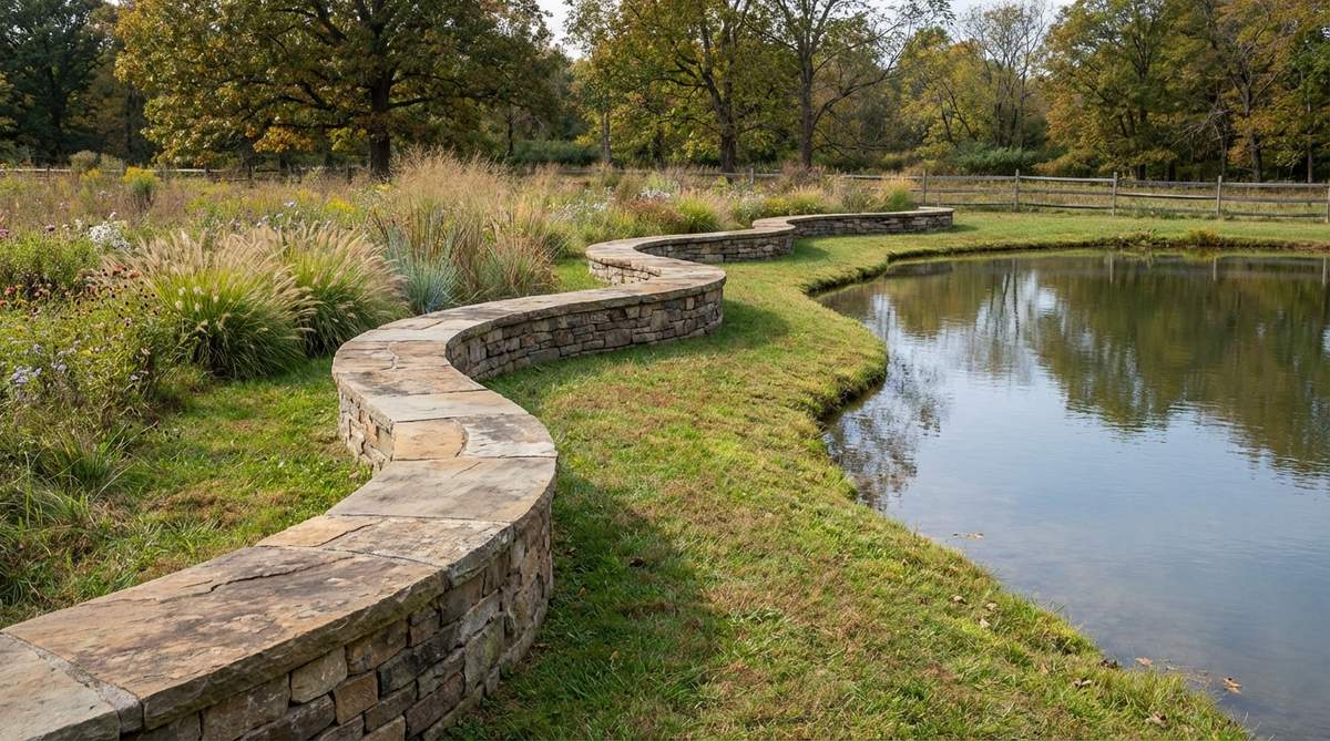 A serpentine wave bench made of stone, featuring flowing S-curves that mimic natural landforms and water flow patterns, positioned along a meadow edge or beside a pond in a garden setting.