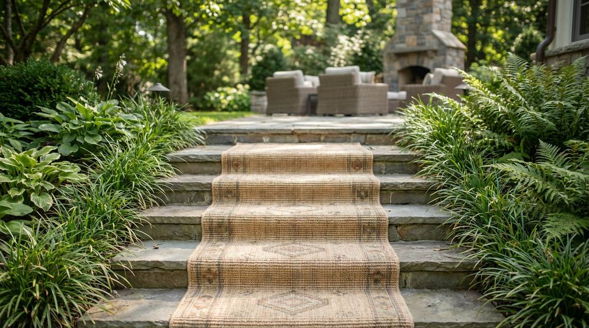 A natural sisal stair runner with subtle geometric borders, showcasing durable plant-based material that extends earthy boho aesthetic to vertical circulation spaces and creates visual rhythm on stairs.