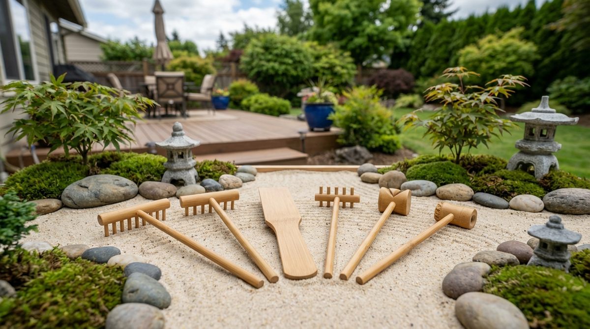A premium six-piece meditation tool set featuring handcrafted bamboo tools including multiple rake widths, a smoothing board, and specialized pattern-makers, all approximately 7 inches long for consistent handling in zen garden sand art.