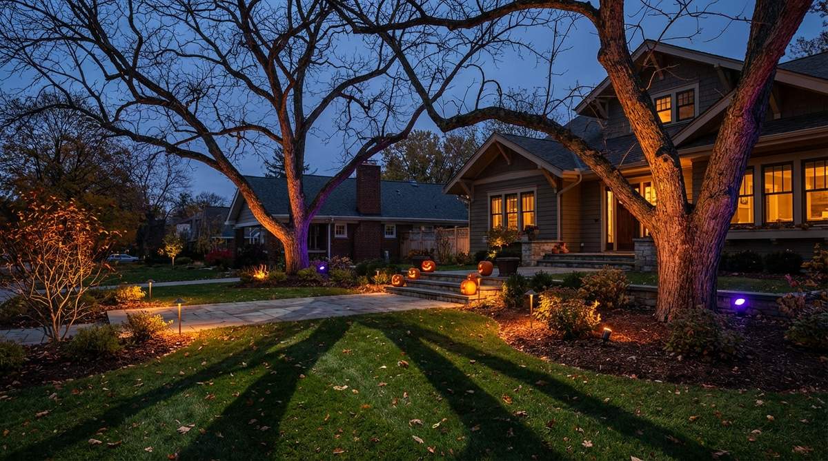 Dramatic uplighting transforms a bare tree into a sculptural Halloween statement with skeletal limbs and eerie shadows. Outdoor-rated spotlights with colored filters create a spooky mood in the yard.