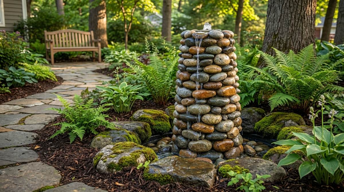 A stacked pebble column fountain in a small garden setting, featuring smooth river stones forming a 30-inch column with water trickling down from the top. The naturalistic design highlights the stones' gray, tan, and rust tones, suitable for woodland or native plant landscapes with minimal above-ground footprint.