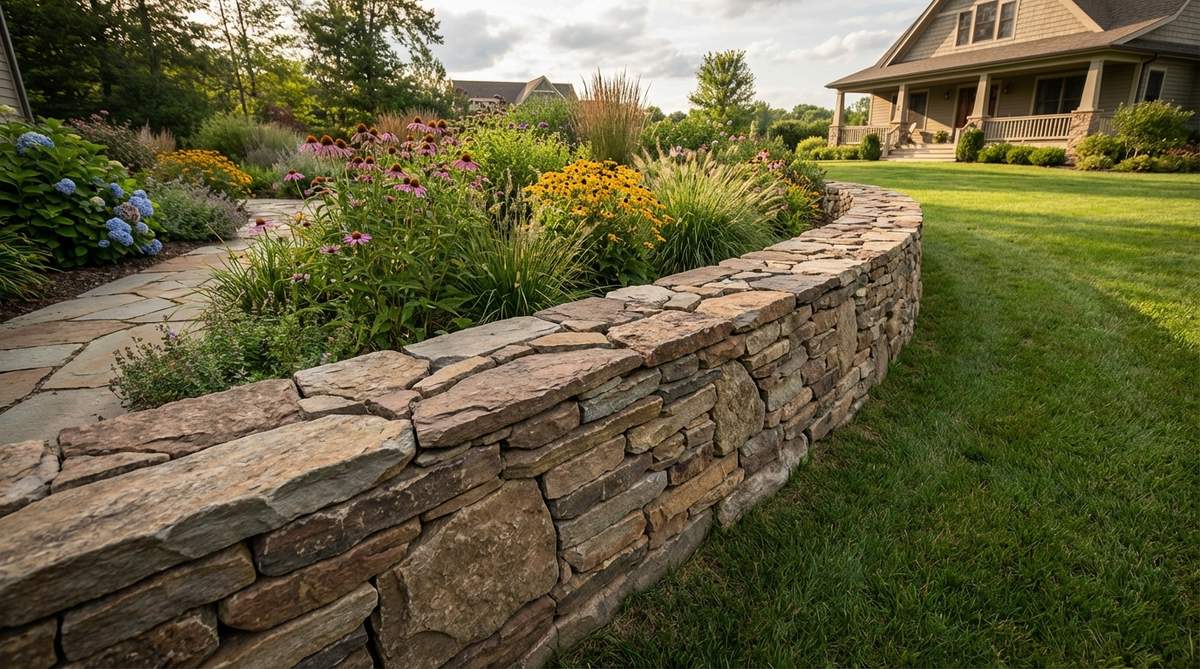 A low dry-stack stone wall, 8-18 inches high, built with flat stones layered from largest at the base to define garden beds and create subtle elevation changes, with a slight backward tilt to prevent toppling.