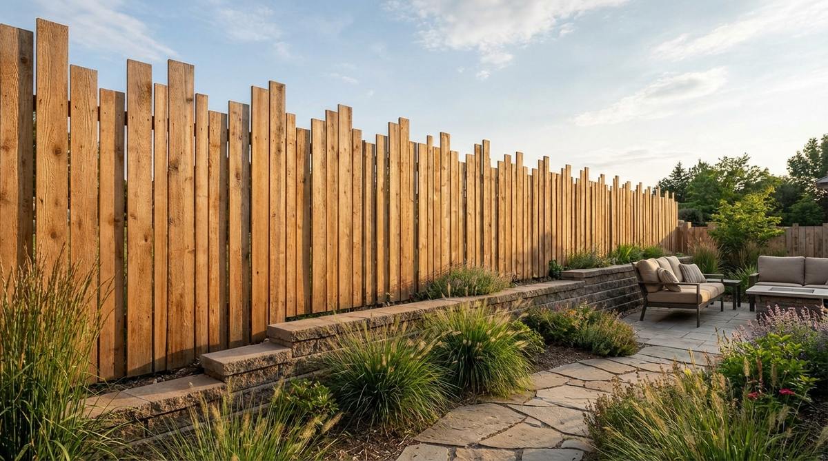 Modern garden fence with vertical boards cut to varying heights, creating dynamic rooflines that break monotony. Shows grouped sections with boards varying by six to twelve inches in height, designed with intentional rhythmic patterns rather than random arrangement. Illustrates how staggered tops soften the hard line between fence and sky, particularly suitable for properties with terrain changes.
