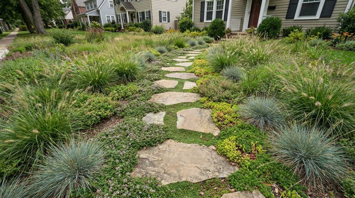 A naturalistic garden path with individual flagstones nestled among low groundcover and ornamental grasses. The stepping stones are spaced according to average stride length for comfortable navigation, with irregular placement that creates an organic yet functional aesthetic. This meadow path design reduces hardscape dominance in small front yards, with living elements between stones softening transitions and supporting pollinator activity.