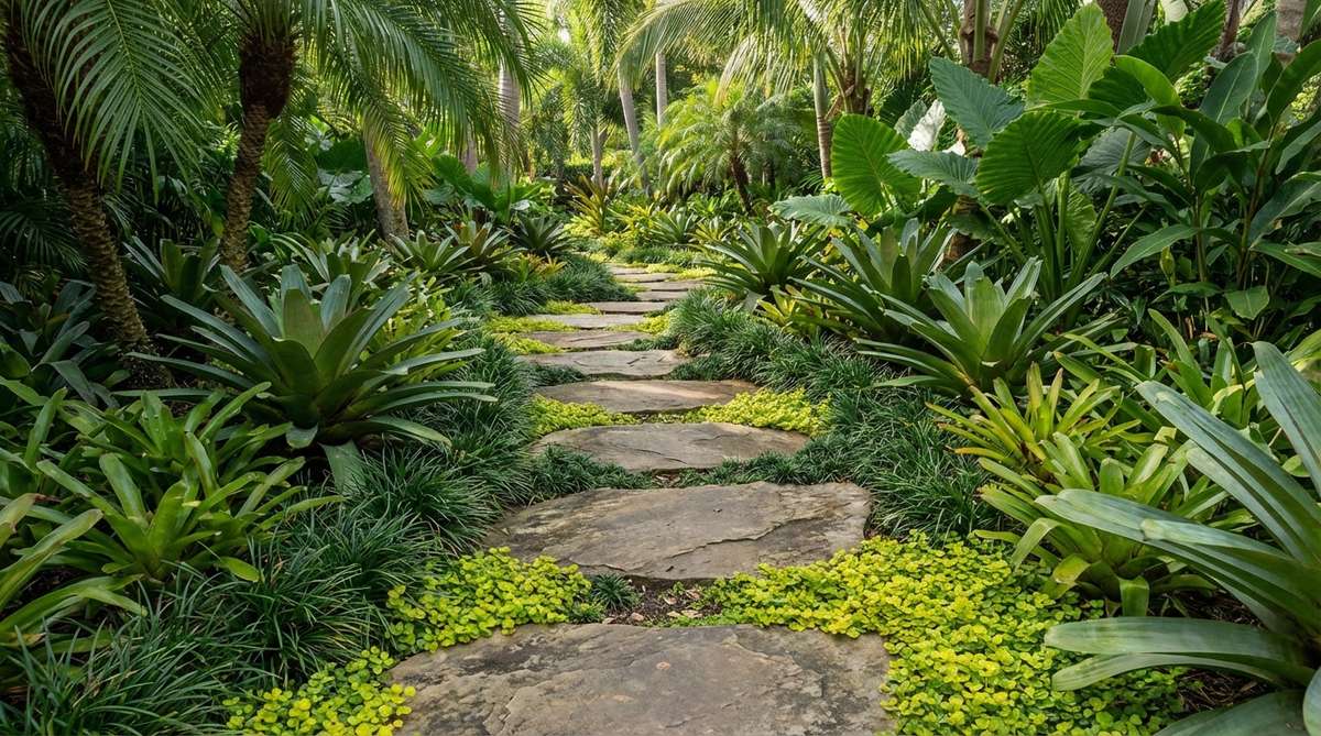 A garden path made of individual flat stones spaced 18-24 inches apart, floating through lush carpets of bromeliads, mondo grass, and creeping Jenny ground covers in a tropical garden setting. The stones have flat tops and broad surfaces for stable footing, surrounded by moisture-loving plants that tolerate light foot traffic, minimizing hardscape footprint while maintaining accessibility.