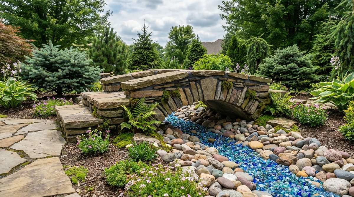 A fairy garden scene featuring a stone bridge constructed from flat stones stacked and mortared with aquarium-safe adhesive, arching over a dry creek bed made of smooth river rocks and blue glass chips that mimic flowing water. The bridge is positioned at a focal point where a pathway crosses the water feature, enhancing the magical aesthetic with its sturdy abutments and strong bonding.