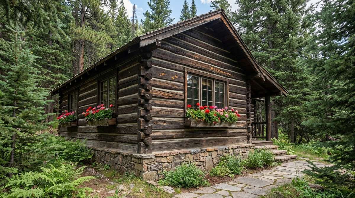 A rustic log cabin built on a raised stone foundation, featuring horizontal logs with natural character marks and chinked gaps. Window boxes filled with colorful geraniums add bright contrast against the dark wood exterior. The cabin is positioned in a woodland setting with evergreen screens, creating a remote mountain retreat atmosphere.